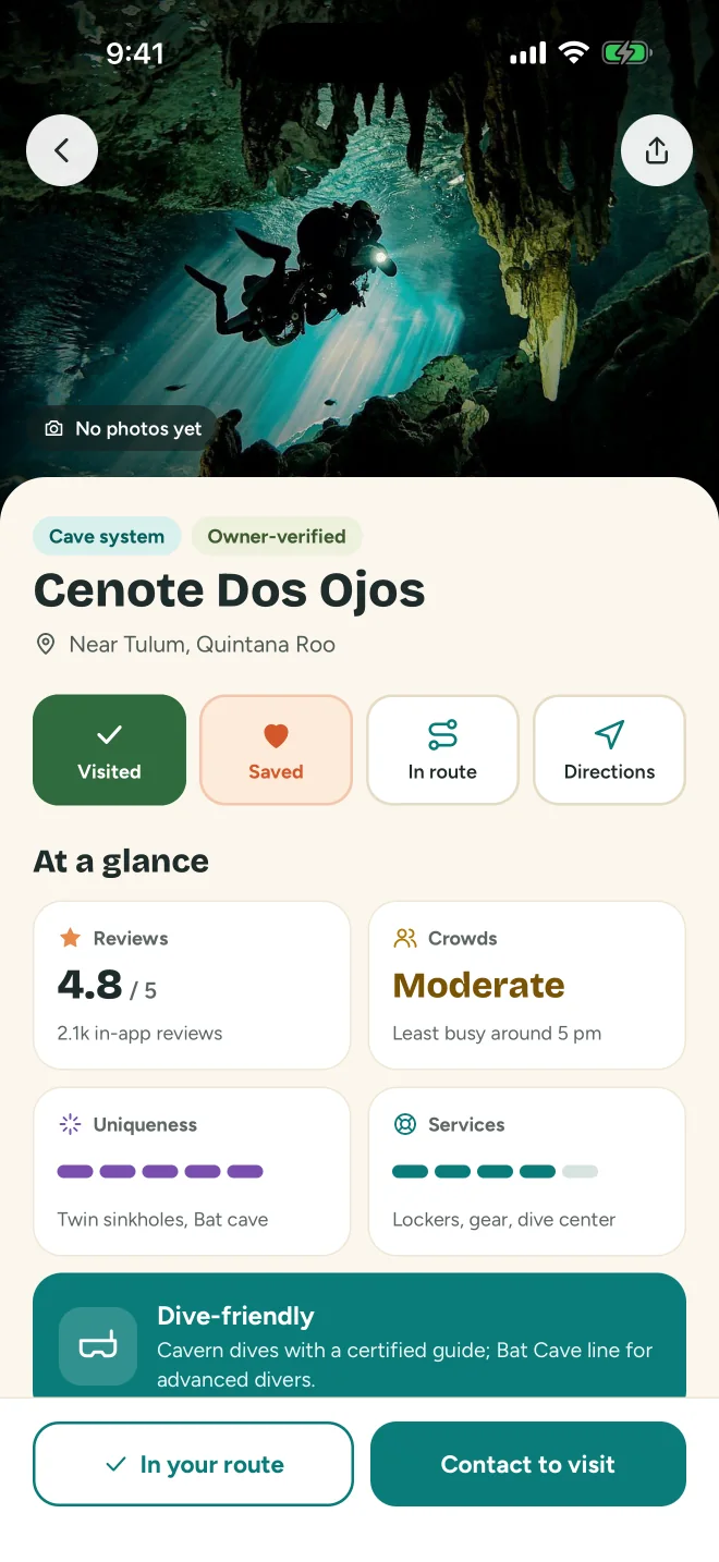 Pantalla de detalle de un cenote en el app, con calificación y afluencia